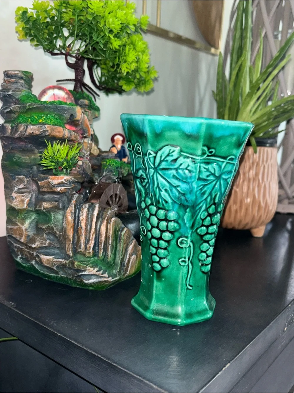 Cottagecore Green Ceramic Grape Relief Vase - Home Accents